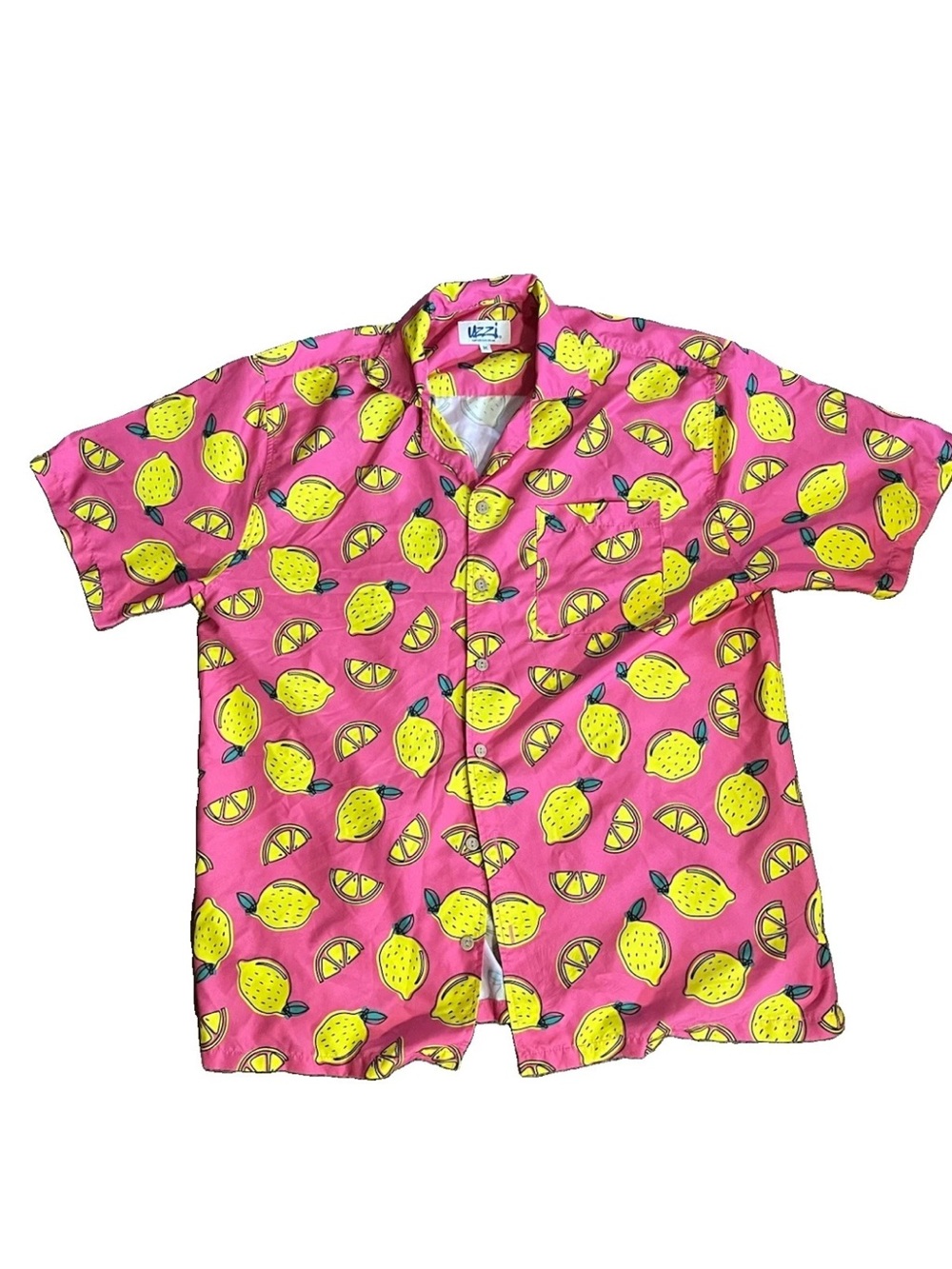 SzM UZZI Amphibious Gear Pink Yellow Lemon Print Button Up Hawaiian Shirt